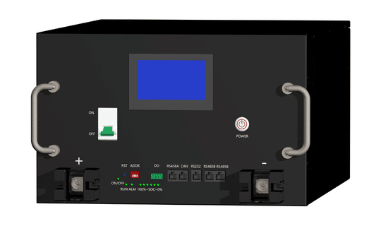Rakour Energy | LiFePO4 Battery & Energy Storage System Manufacturer — HV & LV Series 51.2V 200Ah LiFePO4 rackable lithium battery module front view with BMS display and terminal ports