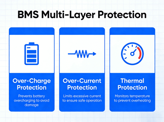 Battery management system multi-layer protection against over-charge, over-current and thermal runaway