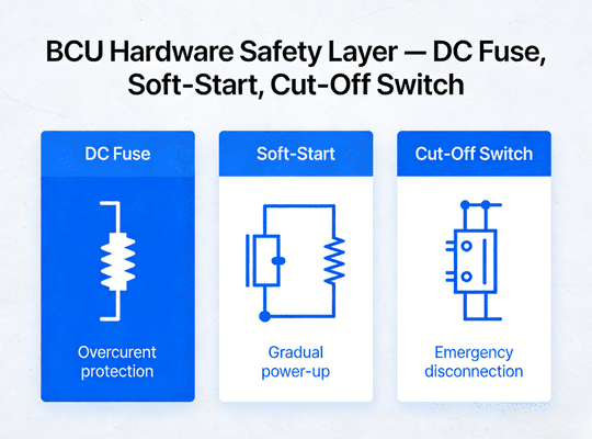Lithium battery hardware safety layer featuring DC fuse, soft-start circuit and cut-off switch
