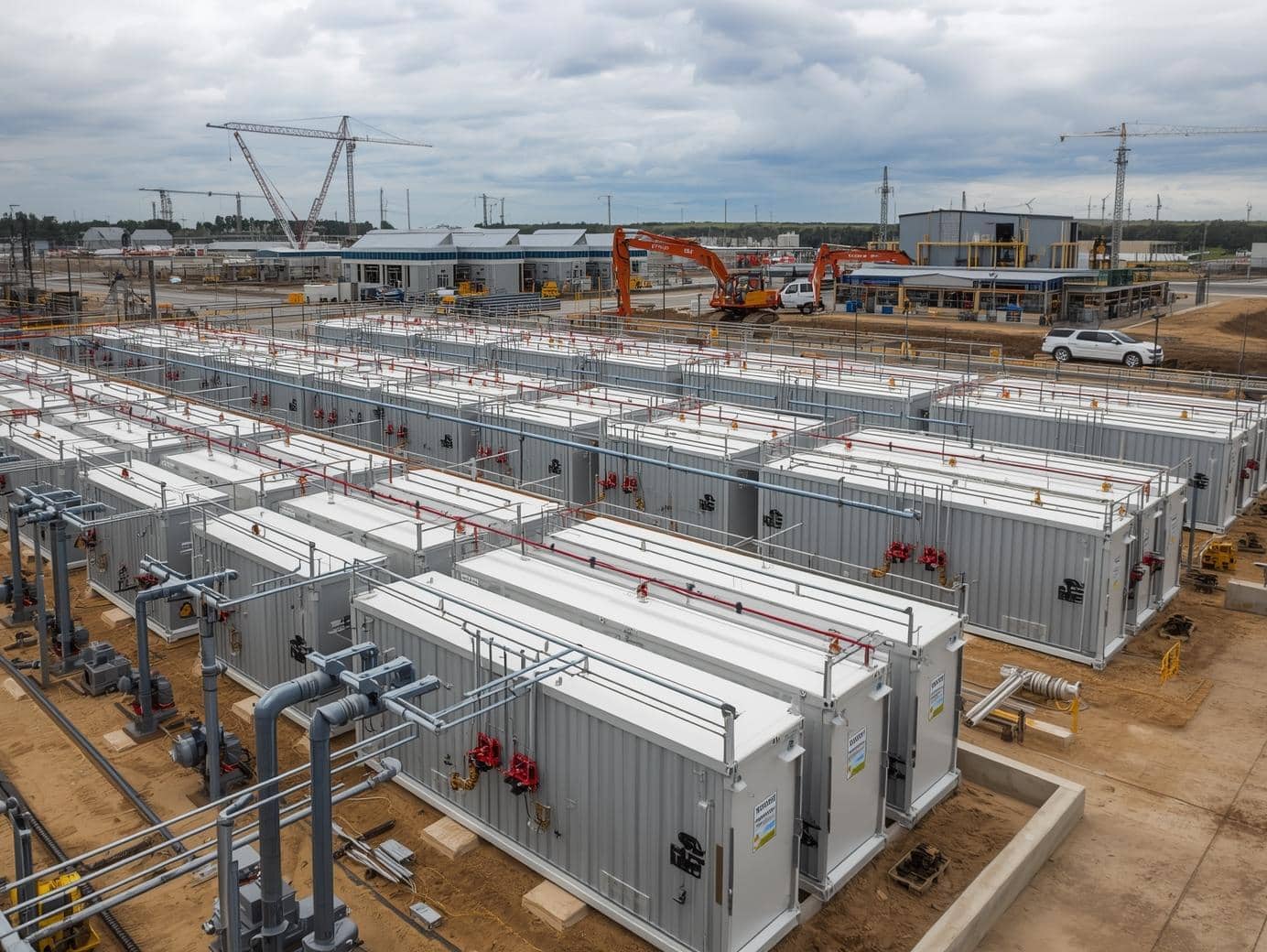 EPC engineers and solar installers performing batch installation of Rakour 51.2V 200Ah-HV LiFePO4 battery modules for a large-scale residential solar battery storage project