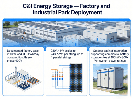 Rakour commercial and industrial battery energy storage system — modular high voltage LiFePO4 stacks in outdoor cabinet for 250kW factory load with 300kWh daily consumption on three-phase 400V