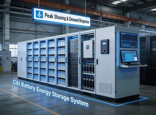 Rakour commercial and industrial LiFePO4 battery energy storage system featuring high-voltage HV 314Ah modular racks paired with DEYE inverters for peak shaving, demand response, and large-scale solar battery storage in factories and office buildings