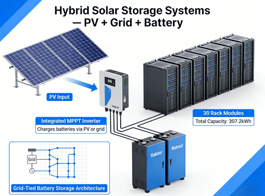 Rakour high voltage LiFePO4 battery in hybrid solar storage system — 51.2V modular stacks charging via PV MPPT and grid through HV hybrid inverter for grid-tied battery storage up to 307kWh
