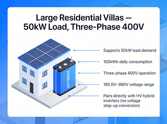 Rakour high voltage battery storage system installed in large residential villa — 51.2V LiFePO4 stack supporting 50kW load on three-phase 400V for whole-home backup power