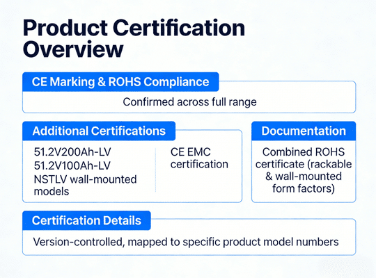 RAKOUR LiFePO4 solar battery storage CE ROHS and EMC certification documents for rackable and wall-mounted battery systems