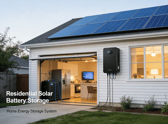 Rakour LV wall-mounted LiFePO4 home battery storage system installed in a residential garage, paired with solar PV for whole house battery backup and solar self-consumption
