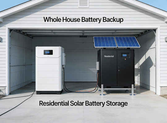 Rakour residential solar battery storage solution using LiFePO4 home battery system with low-voltage inverter, providing whole house battery backup and off grid solar energy storage for single-family homes
